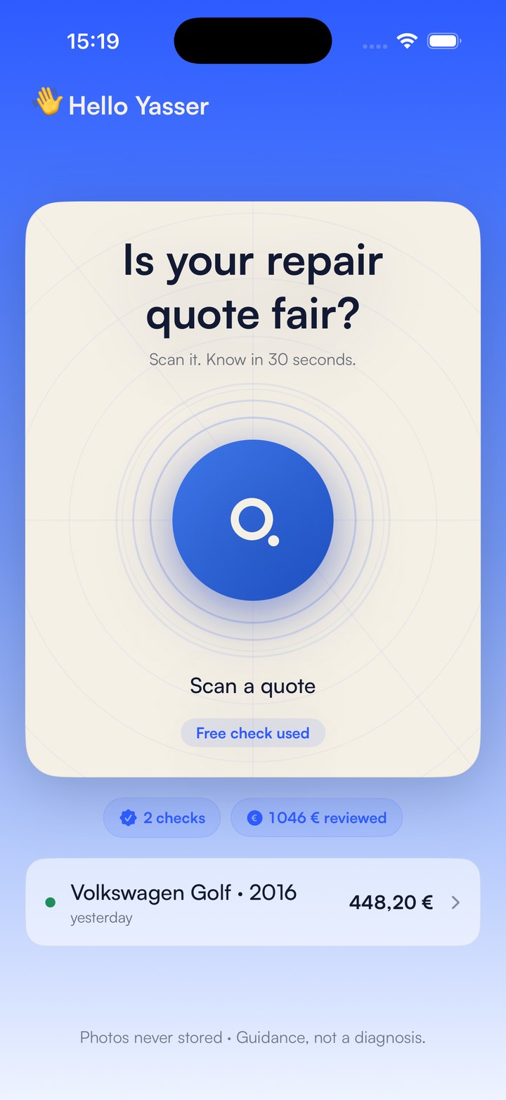 Quardo app home screen with the scan button