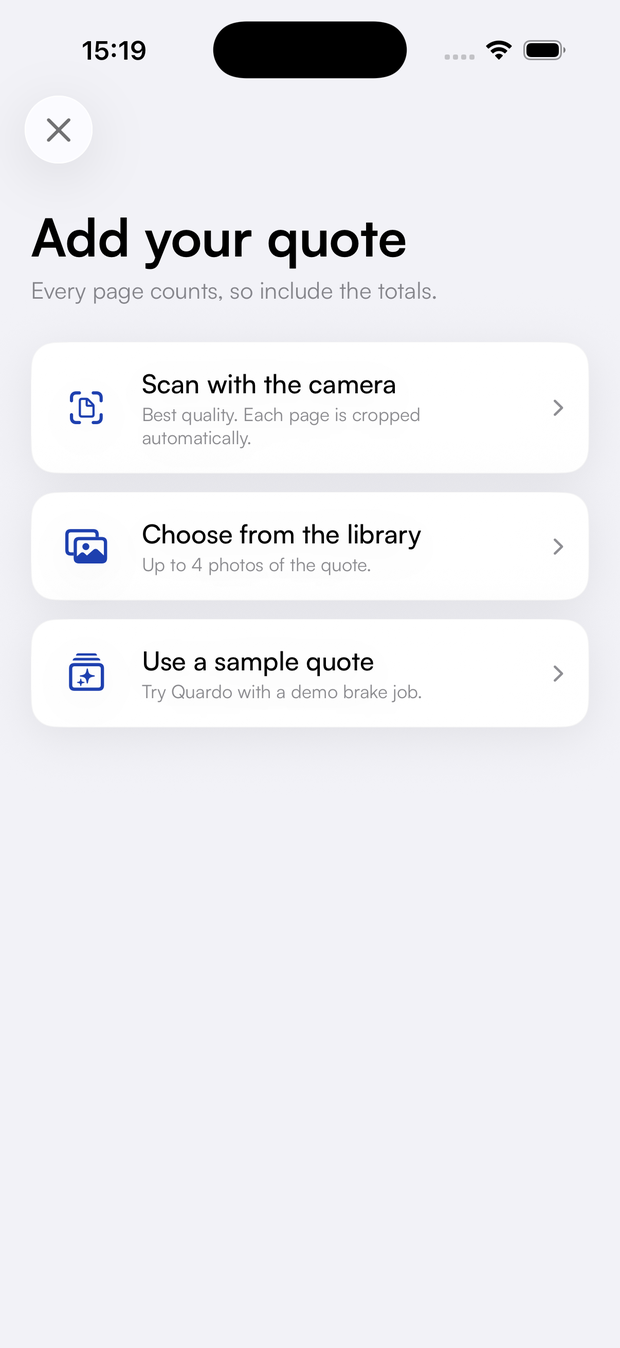 Quardo capture screen: scan a quote with the camera or pick from the library